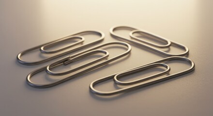 Obraz premium Stainless steel paperclips rest on a neutral-toned surface, illuminated by soft, diffused light with a shallow depth of field.