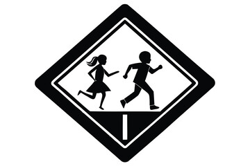 Black and White Illustration of Children Crossing Sign on a White Background