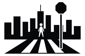 Black and White Illustration of Cityscape, Pedestrian, Zebra Crossing, and Stop Sign. Vector