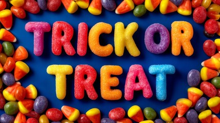 Colorful Candy Arrangement Forming the Words Trick or Treat Surrounded by Various Shaped Candies