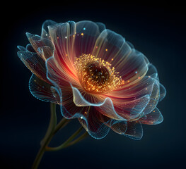 Fototapeta premium Floral pattern of neon glass spiral lines on black background. Abstract vibrant flower with radiant gradient, caustic and reflection light. Bright transparent stripes, circular effect. 3D illustration