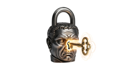 Unlocking the mind concept with head padlock and key for mental health and problem solving ideas