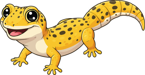 Cartoon gecko illustration, cute smiling lizard drawing, colorful reptile artwork, exotic animal character, fun wildlife design, happy yellow spotted gecko
