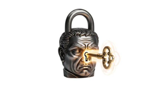 Unlocking the mind concept with head padlock and key for mental health and problem solving ideas