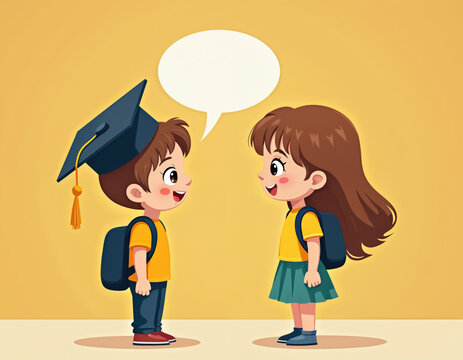 Cartoon boy in graduation cap talks to girl. Both kids wear backpacks. Communicate with speech bubble. School children dialogue, student discussion about future education, learning. Preschool, - Powered by Adobe