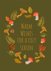 Vintage frame of autumn leaves and fall finds in bright colors on a green backgrond. Vector trendy hamd drawn illustration. For fabric, wallpaper or gift wrapping print.	