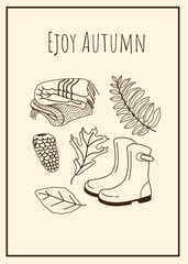 Autumn poster design with cute hand drawn illustrations: Cozy plaid, rubber boots, leaves. For your project of seasonal coziness.	