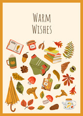 Autumn card with leaves and cozy elements for banner or social media template, sale, greeting card. Cute colorful hand drawn design	