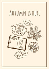 Autumn poster design with cute hand drawn illustrations: Cozy sweater, apple harvest, mushrooms. For your project of seasonal coziness. Autumn vibe