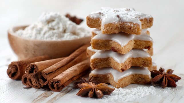 Delicious Christmas star-shaped cookies with white icing and spices ready for holiday treats - Powered by Adobe