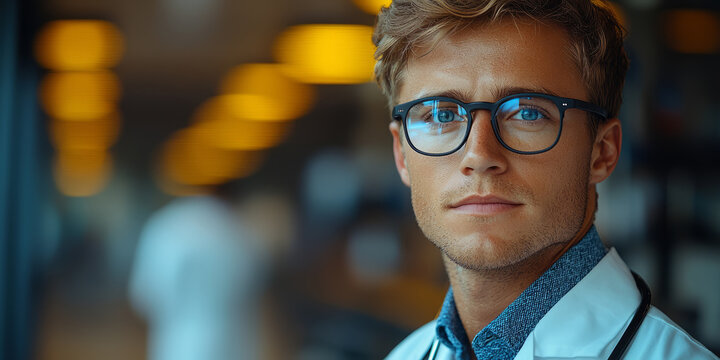 Young doctor with augmented reality glasses analyzing patient hologram, hospital background