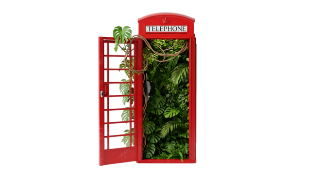 Vintage phone booth transformed into a vibrant green oasis garden design and nature photography