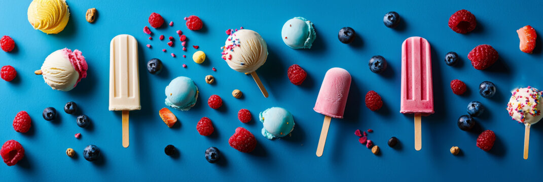Summer background of ice cream, lollipops and other summer sweets, decorated with bright flowers and creating a light, airy atmosphere. - Powered by Adobe