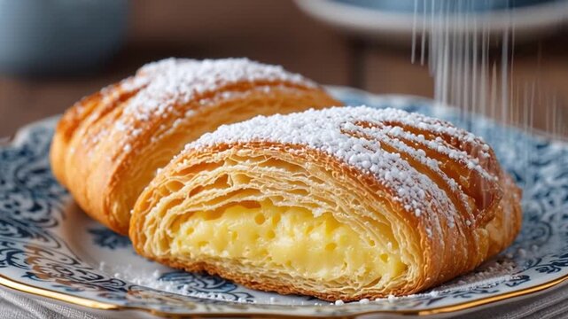 Golden Pastry with powdered sugar: Two freshly baked, flaky pastries dusted with a delicate shower of powdered sugar, presented on a detailed patterned plate.