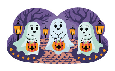 Obraz premium Three cute ghosts holding candy baskets on a path halloween