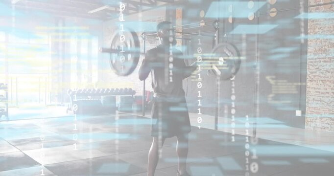 Grip stabilizing man pressing, deadlifting jerking barbell aloft with binary code tracking metrics