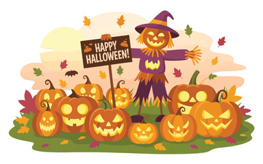 Happy Halloween scarecrow with jack o lanterns and autumn leaves