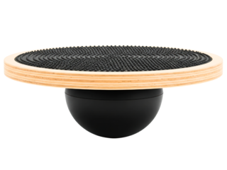 Wooden balance board with a textured top for fitness training on a transparent background