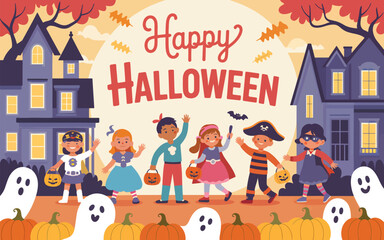 Children in Halloween costumes trick or treating with pumpkins and ghosts