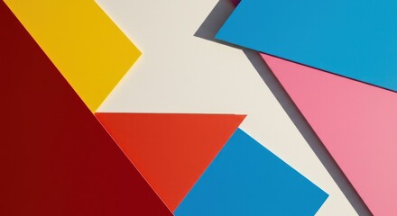 Obraz premium Colorful geometric shapes are arranged in a visually striking composition, utilizing vibrant hues like red, yellow, blue, and pink against a neutral background, creating a modern aesthetic with...