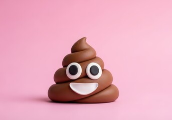 Smiling poop emoji with cartoon eyes and expression rich chocolate brown color whimsical cheerful character on soft pink background fun playful concept