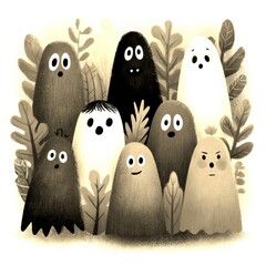 collection of cute ghost characters surrounded by autumn leaves in a playful illustration setting