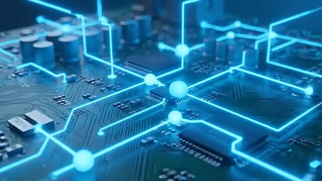 Closeup of Electronic Circuit Board with Microchip and Components in Sharp Focus