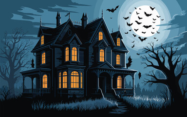 Spooky Victorian mansion at night with bats flying around full moon