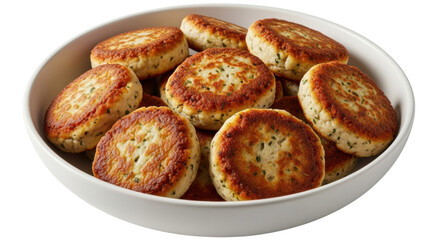 Isolated patties in a bowl, freshly prepared fish cakes or potato cakes ready to serve
