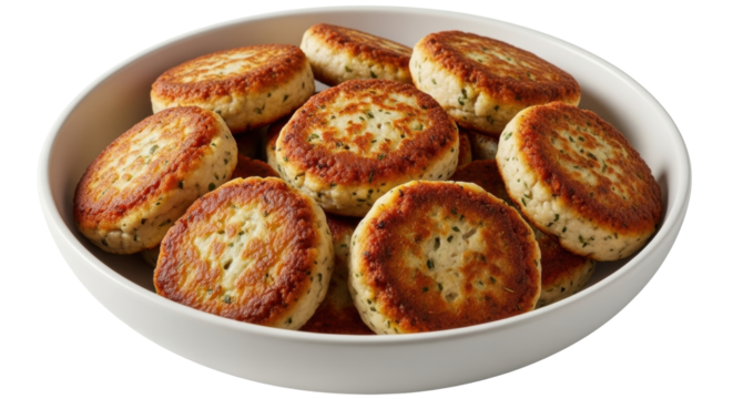 Isolated patties in a bowl, freshly prepared fish cakes or potato cakes ready to serve