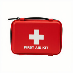 Obraz premium Red first aid kit case with white cross on white 