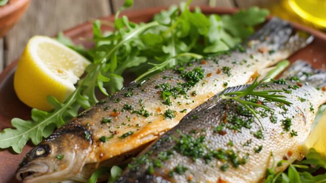 Delightful Culinary: a high-angle perspective showcases a gourmet serving of fresh fish alongside vibrant greenery and zesty lemon slices, offering a feast for the eyes and appetite