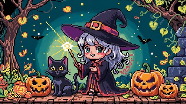 Pixel art witch and black cat with jack-o'-lanterns