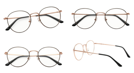 Stylish round glasses in multiple angles featuring and gold frames isolated on transparent background
