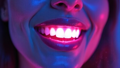 Fototapeta premium Young woman smile lit up with vibrant blue, pink neon light. Closeup of female mouth with white healthy teeth. Bright colorful illumination highlights glossy lips, radiant smile in studio setting.