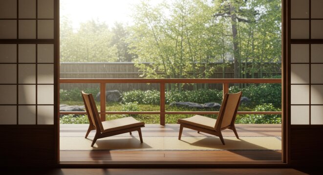 Interior view of two simple wooden chairs resting on a tatami mat, positioned in front of a sliding door that opens onto a serene garden with sunlight filtering through the lush green foliage.