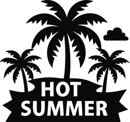 Vibrant hot summer beach banner design featuring palm trees and a bright sun isolated on white background isolated on transparent background