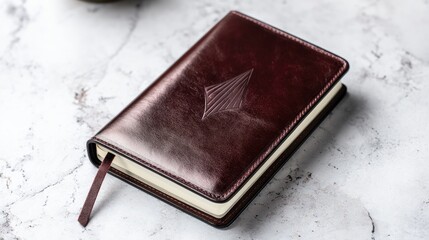 Dark red leather notebook on marble surface