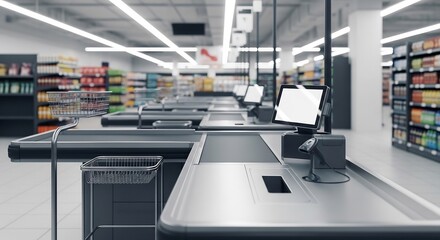 Empty supermarket checkout counters with digital screens and scanners