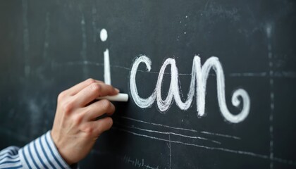 Man writes i can on blackboard with white chalk. Hand in striped shirt sleeve draws on black chalkboard. Positive phrase written in classroom. Confidence and motivation message on education board.