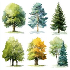 Diverse collection of hand-painted trees showcasing seasonal variations in foliage colors and types