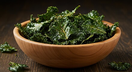 Close-up of a wooden bowl filled with crispy kale chips on wooden table
