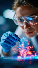 Forensic investigator analyzing glowing digital fingerprint with test tube in a high-tech lab
