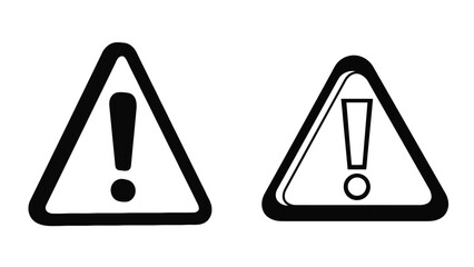Set of warning sign triangles with exclamation marks in solid and outline silhouettes, vector icons