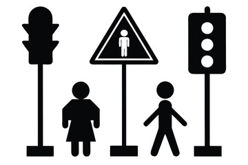 Black and White Pictogram Traffic Lights, Pedestrian Sign, and People Icons