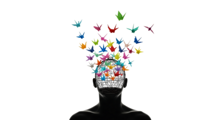 Origami birds concept art with person silhouette and colorful paper birds flying out of head art