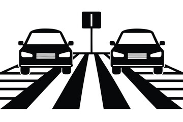 Black and White Road Illustration with Zebra Crossing and Car Silhouettes