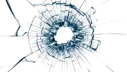 Obraz premium Shattered glass isolated fragment with cracks and bullet hole against white