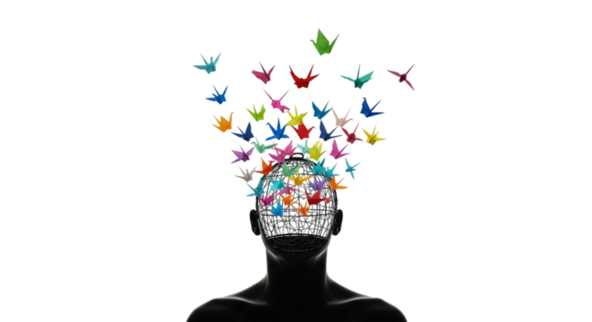 Origami birds concept art with person silhouette and colorful paper birds flying out of head art