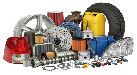 Isolated assortment of new car parts to repair various automotive vehicles, no background